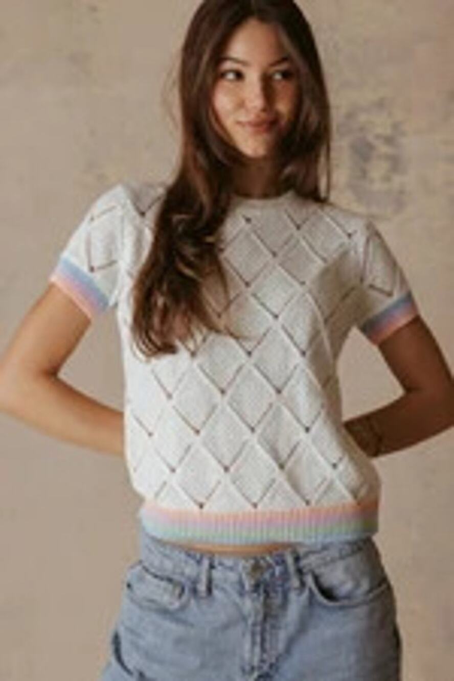 27 Miles Malibu Adriel Cotton Pointelle Rainbow Trim Sweater Top Retro Sz S